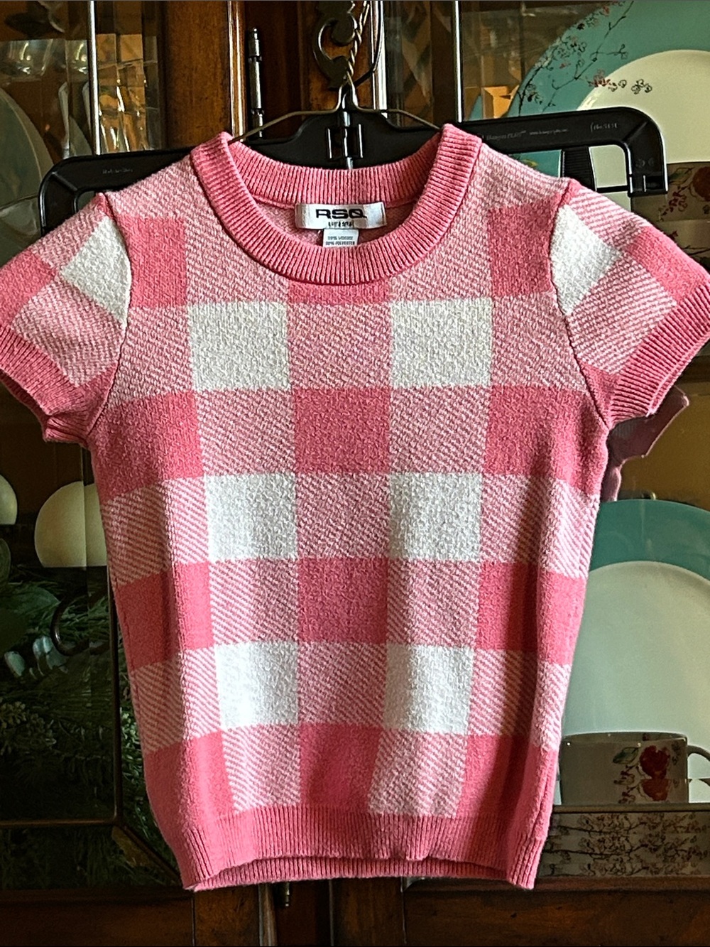 RSQ Pink & White Check Knit Short Sleeve Top